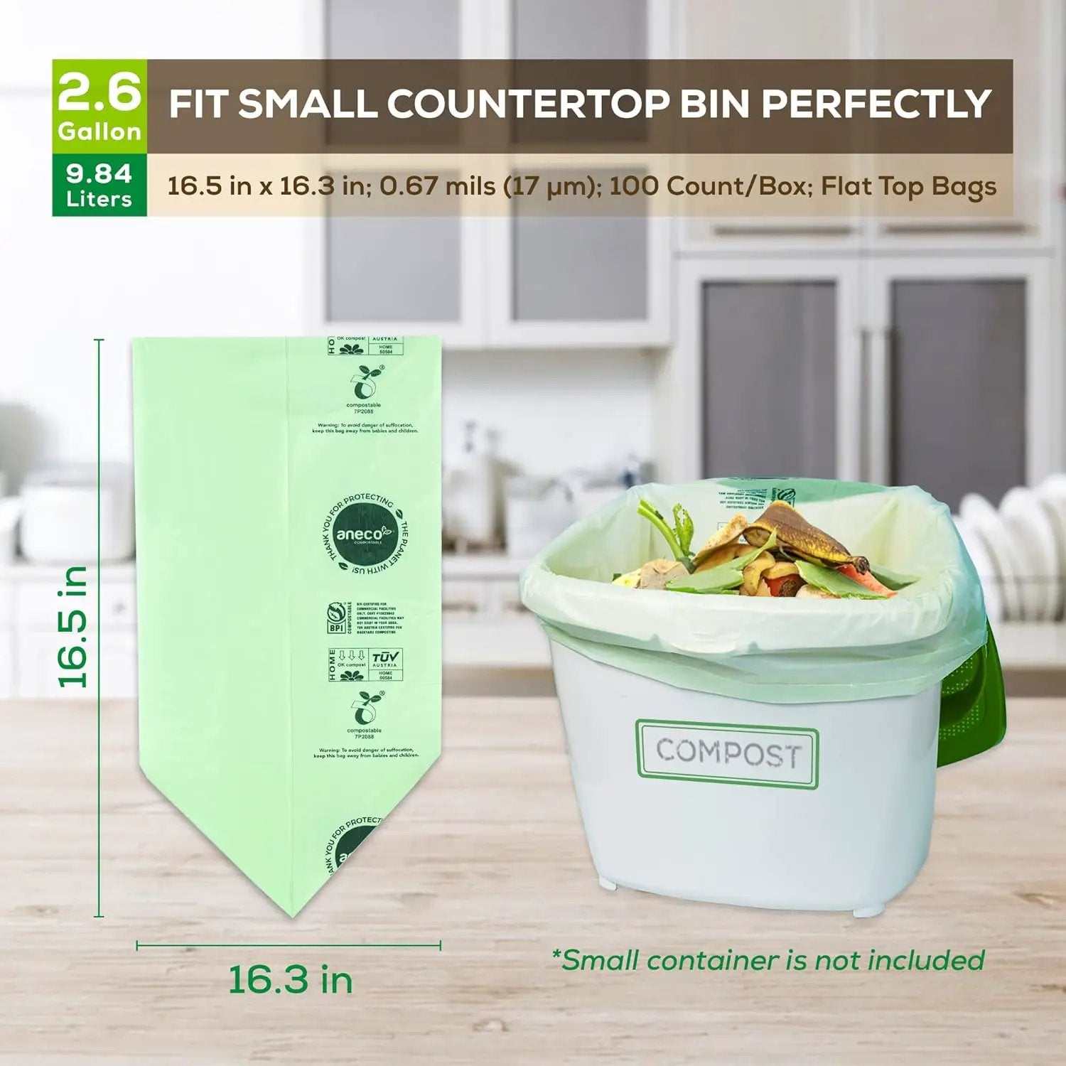 ANECO 100% Compostable Waste Bags 2.6 Gallon, Extra Thick Kitchen Small Compost Bags for Countertop Bin (100 Count) by GreenHaven Gardens