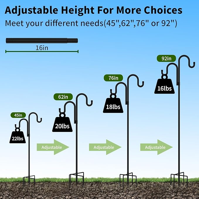 Double Shepherds Hooks for Outdoor, Bird Feeder Pole with 5 Prongs Base, Heavy Duty Garden Hook for Lantern, Wind Chime and Hummingbird Feeder, 45 Inch, 1 Pack by GreenHaven Gardens