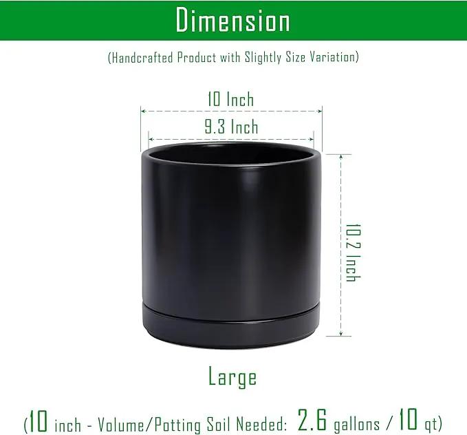 D'vine Dev 10 Inch Ceramic Planter Pot with Drainage Hole and Saucer, Indoor Cylinder Round Planter Pot, Black, 94-O-E-2 by GreenHaven Gardens
