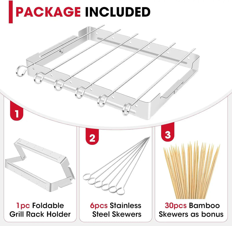 Unicook Upgraded Stainless Steel BBQ Shish Kabob Set, Large Foldable Grill Rack with 6pcs 13.5"L Barbecue Skewer, Keeps Kabobs from Sticking to the Grill Grate, 30pcs Bamboo Skewers as Bonus by GreenHaven Gardens