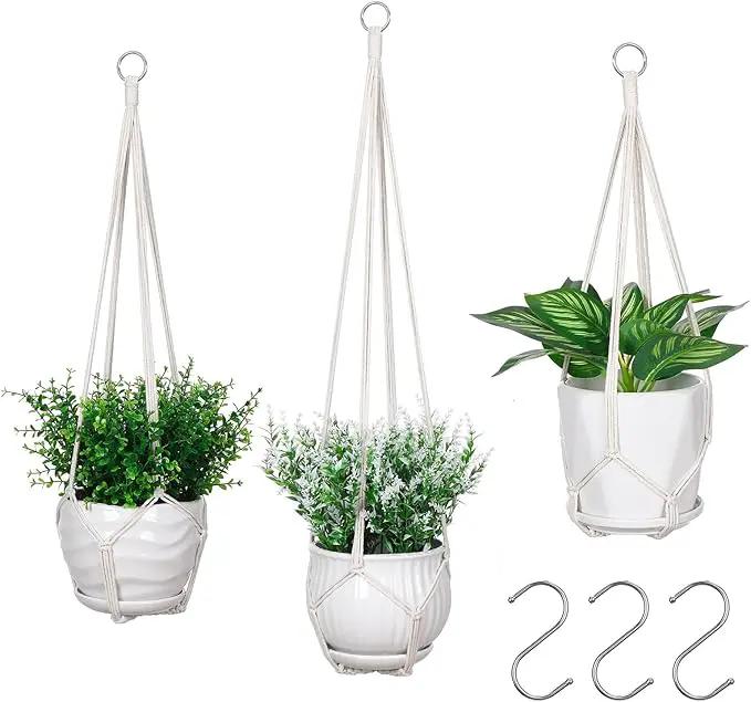 YIBOT 3 Pack Macrame Plant Hanger Indoor Hanging Planter Basket with 3 Hooks, 35"/29"/23" Crochet Plant Holder Stand No Tassels for Indoor Outdoor Boho Home Decor, Ivory (POTS NOT Included) by GreenHaven Gardens