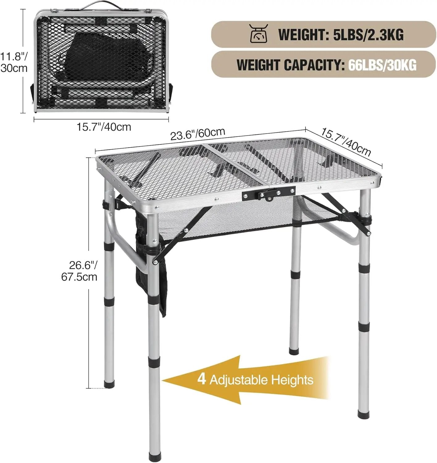 REDCAMP Small Folding Grill Table for Outside, 2Ft Lightweight 4 Height Adjustable Portable Metal Table with Mesh Desktop, Outdoor Table for Camping Picnic Beach and BBQ, Silver by GreenHaven Gardens