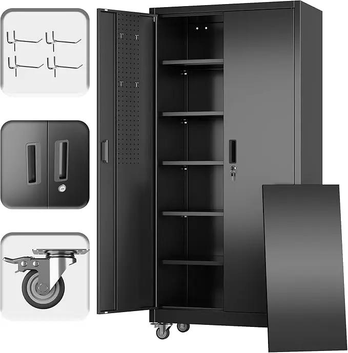 71" H×34" W×18" D Metal Garage Storage Cabinet with Wheels & Pegboard, Lockable Metal Storage Cabinets with 2 Doors&5 Adjustable Shelves for Garage&Home,Assembly Required,Black by GreenHaven Gardens