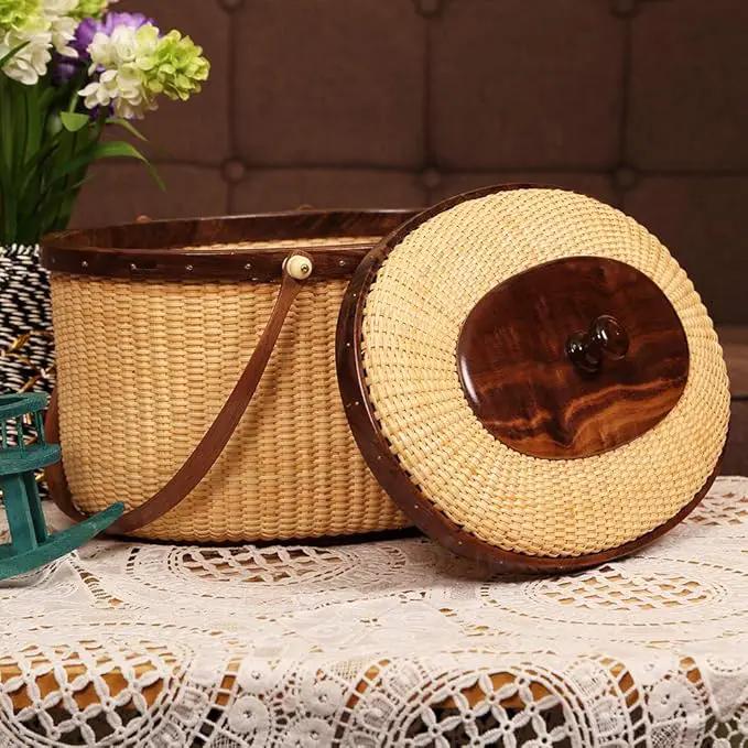 Nantucket Style Basket Picnic Basket Rattan Handmade Products Woven Sewing Storage Basket Two Swing Handles Tote Bag for Women by GreenHaven Gardens