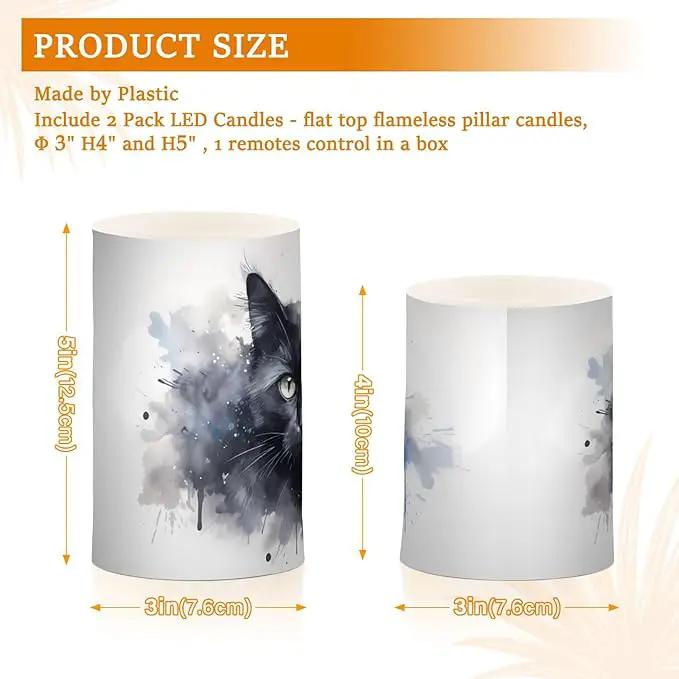 Flickering Flameless Candles, Black Cat Print LED Candles with Remote Timer, Set of 2 Battery Operated Candle for Valentine Wedding Birthday by GreenHaven Gardens