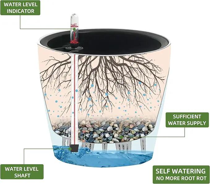 Dexceder 9x8 Inches Self Watering Planter Indoor Outdoor, Inner Pot Design, Thickened Table Flower Plant Pot with Water Level Indicator (Taupe Matte) by GreenHaven Gardens