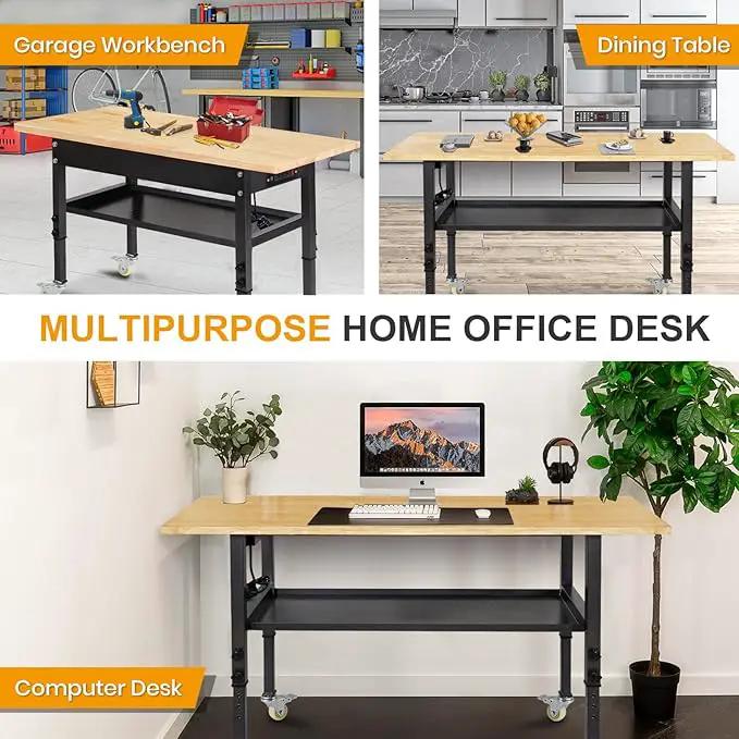 48"/60'' Adjustable Workbench, Rubber Wood Top Work Bench Heavy-Duty Work Table with Power Outlet, Wheels, Partition 2000 LBS Load Capacity Hardwood Work Benches for Garage, Workshop, Home, Office by GreenHaven Gardens