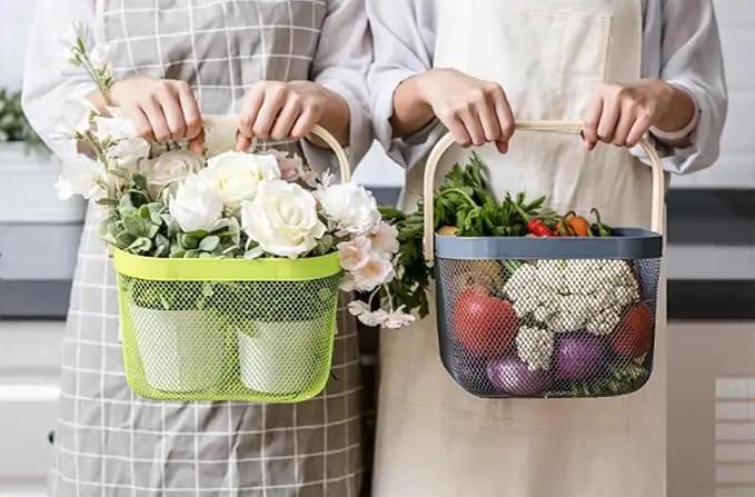 Metal Mesh Steel Basket, Storage Organizer Basket Multi-functional Hanging Kitchen Baskets Fruit Basket with Wooden Handle for Kitchen Bathroom Picnic Shopping Decor Cabinet Home, Grey by GreenHaven Gardens