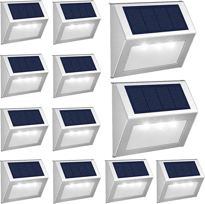 JSOT Outdoor Fence Lights,12 Pack Solar Powered Deck Lights Waterproof Stairs Light Stainless Steel Security Wall Lamps for Step Walkway Patio Garden Pathway - Cool White by GreenHaven Gardens