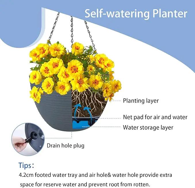 summer flower 2 Pack 9.9 Inch Self Watering Hanging, Deep Planters Hanging Pots for Indoor Outdoor Plants Hanging Baskets Hanging Plant Holder Plant Hanger for Flower Garden Porch Ceiling (Dark Gray) by GreenHaven Gardens