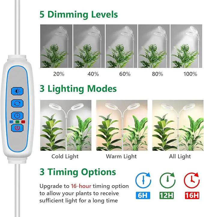 Large Plant Light for Indoor Plants, 2 Head Full Spectrum Grow Light with 68" Adjustable Stand for Growing Large Tall Plants, White Halo Floor LED Grow Lamp with 16 Hour Timer by GreenHaven Gardens