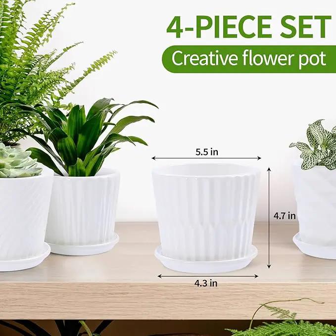 Plant Pots - 5.5 Inch Cylinder Ceramic Planters with Connected Saucer, Pots for Succuelnt and Little Snake Plants, Set of 4, White by GreenHaven Gardens