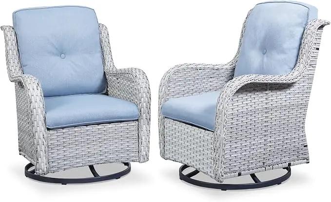 Outdoor Patio Swivel Rocker Chairs - Wicker Rattan Patio Swivel Rocking Chairs Set of 2 with High Back,Deep Seating and Comfort Cushions for Deck Porch Garden,Light Grey/SkyBlue by GreenHaven Gardens
