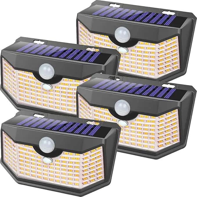 HMCITY 120 LED Outdoor Solar Lights- with Motion Sensor and 3 Lighting Modes, IP65 Waterproof Wide Solar Wall Lights Ideal for Garden Patio Yard (Front Button 4Packs, Warm White) by GreenHaven Gardens