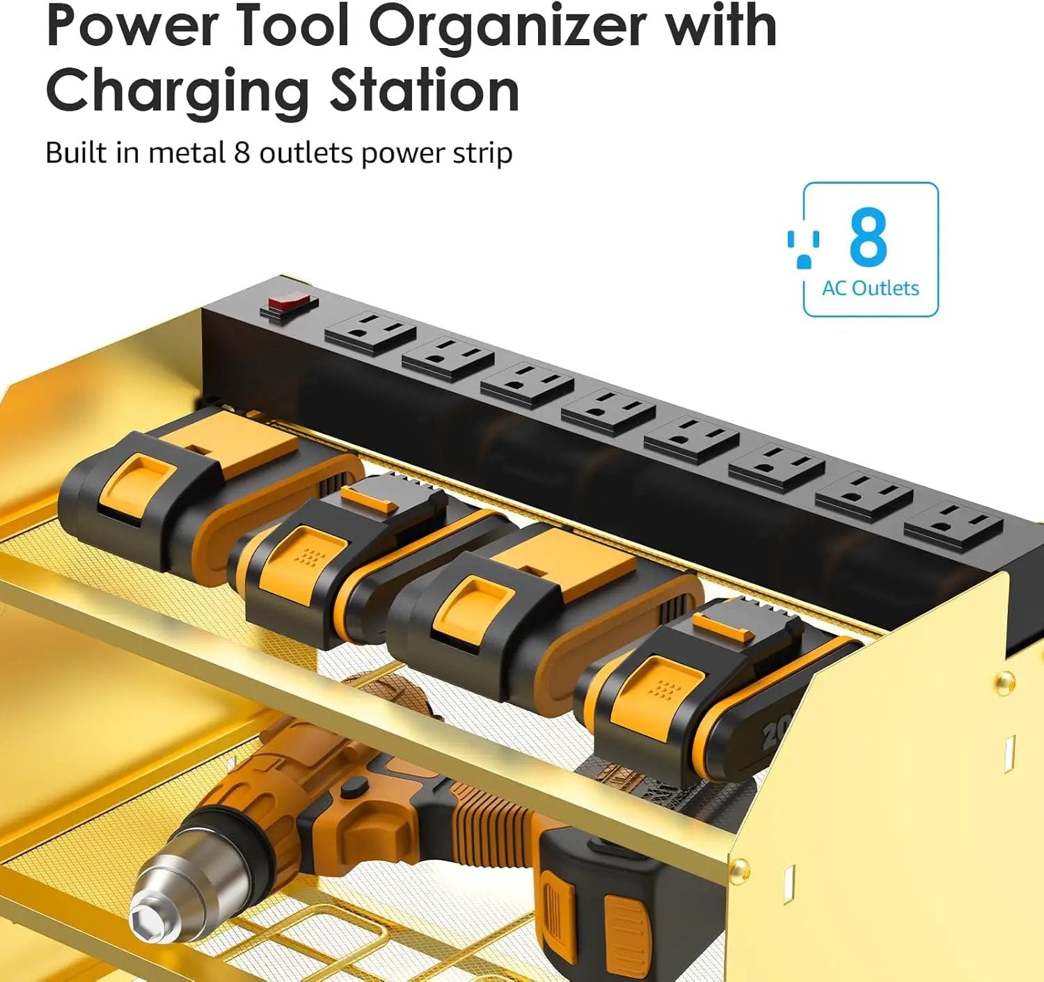 CCCEI Modular Power Tool Organizer Wall Mount with Charging Station. Garage 4 Drill Storage Shelf with Hooks, Drill Bit Heavy Duty Rack, Gold Tool Battery Holder Built in 8 Outlet Power Strip. by GreenHaven Gardens