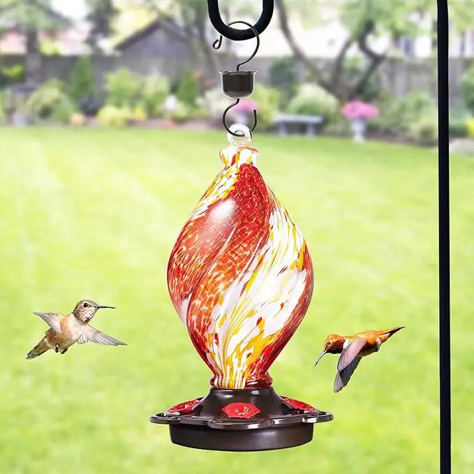 LUJII Ice Cream Shaped Spiral Hummingbird Feeder, Hand Blown Glass, 28 fl.oz, Leak Proof & Rustproof, Includes an Ant Moat for Outdoors Hanging, Unique & Stylish Garden, Outside & Backyard Decor (Red) by GreenHaven Gardens