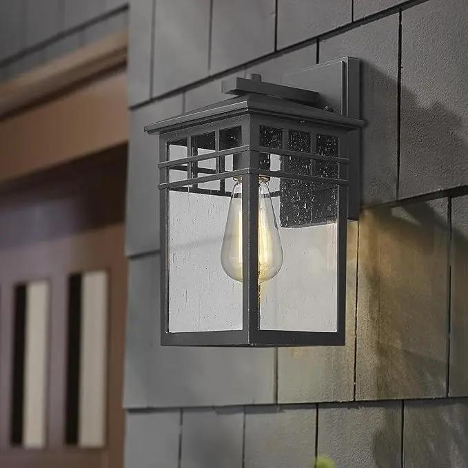 Outdoor Light Fixture Wall Mount, Modern Exterior Lights Fixture Wall Sconces with Seeded Glass for Front Porch, Farmhouse Rustic Waterproof Lantern Lamp in Black Finish for Home, Barn, Garage by GreenHaven Gardens
