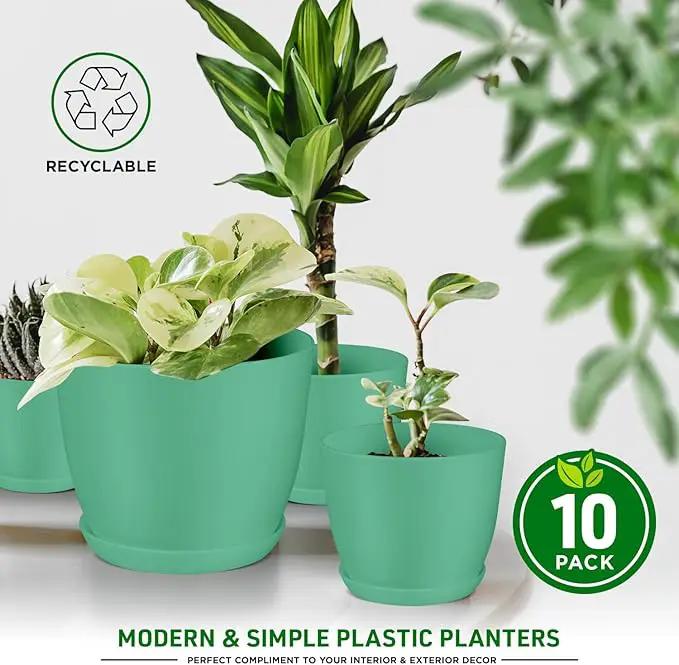 Planter Pots with Drainage Holes - Lightweight, Durable, & Space-Saving Pots for Indoor and Outdoor - Versatile Functionality, Simple Modern Design, Set of 10 Plastic Planter Pots Mint by GreenHaven Gardens