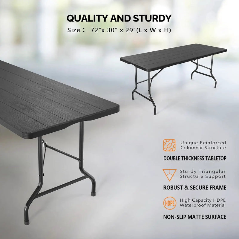 VINGLI 6 Foot Plastic Folding Table Portable Long Table for Indoor Outdoor Use Rectangular with Carrying Handle, Tree Patterned HDPE Tabletop, Black by GreenHaven Gardens