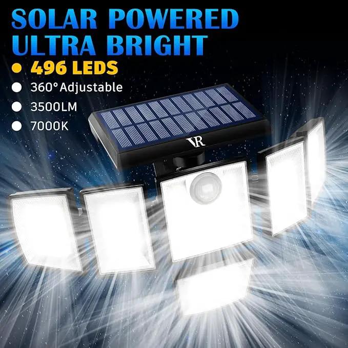 Solar Motion Sensor Flood Lights Outdoor - 496LEDs 3500LM 3 Lighting Modes 3 Levels Brightness, 6 Heads 360° Illumination, IP65 Solar Security Lights,for Porch Yard Patio Garage(2 Packs) by GreenHaven Gardens