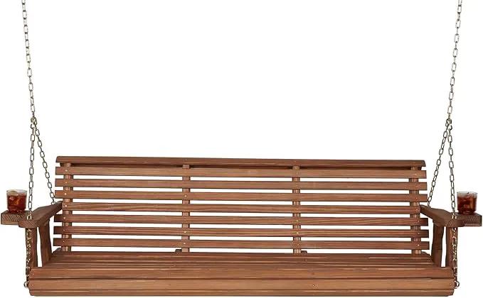 Amish Casual 6 Foot Roll Back Porch Swing with Cup Holders in Oak Stain - Amish Made in The USA from Treated Pine Heavy Duty 700 Lb. Weight Capacity by GreenHaven Gardens