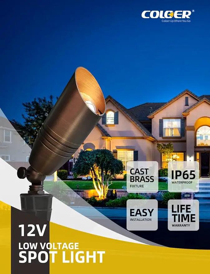 COLOER Brass Landscape Spotlights, 12 Pack Landscape Light Fixture with 5W Aluminum Housing MR16 LED Bulb 2700K 450LM, 12V AC/DC Low Voltage Outdoor Spot Lighting, Uplight for Garden and Patio(102B) by GreenHaven Gardens