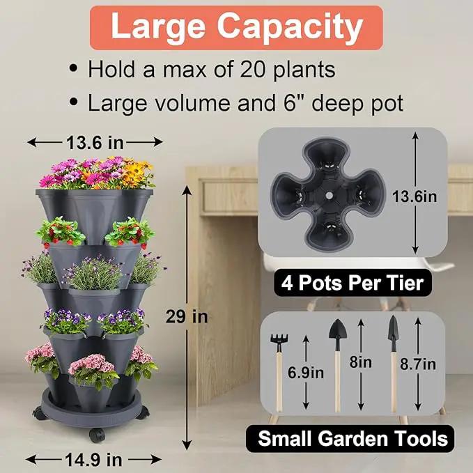Vertical Planter 5 Tier Stackable Planters Garden Planters Strawberry Herb Flower and Vegetable Planter Indoor Outdoor Gardening Pots with Removable Wheels and Tools by GreenHaven Gardens