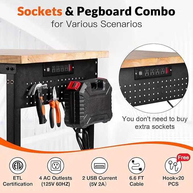 Adjustable Height Workbench, Heavy Duty Table Rubber Wood Workstation with Power Outlet & Pegboard for Garage, Office, Workshop, Home,Commercial (60"×22"|Shelf) by GreenHaven Gardens