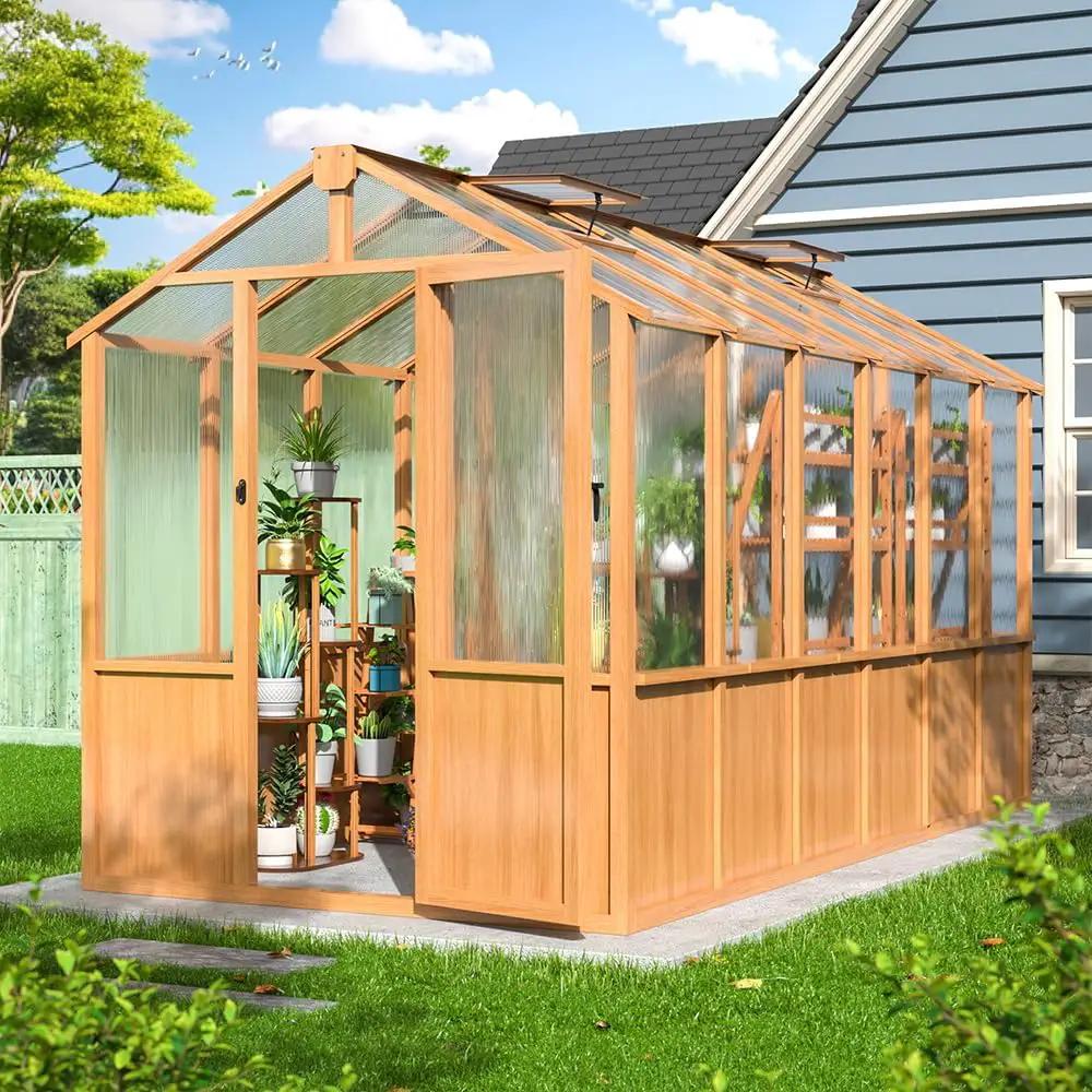 6x12 FT Wooden Greenhouse for Outdoors, Walk-in Greenhouse with 6MM Thick Polycarbonate Panel and Adjustable Roof Vents, Garden Backyard, Wood Colour by GreenHaven Gardens