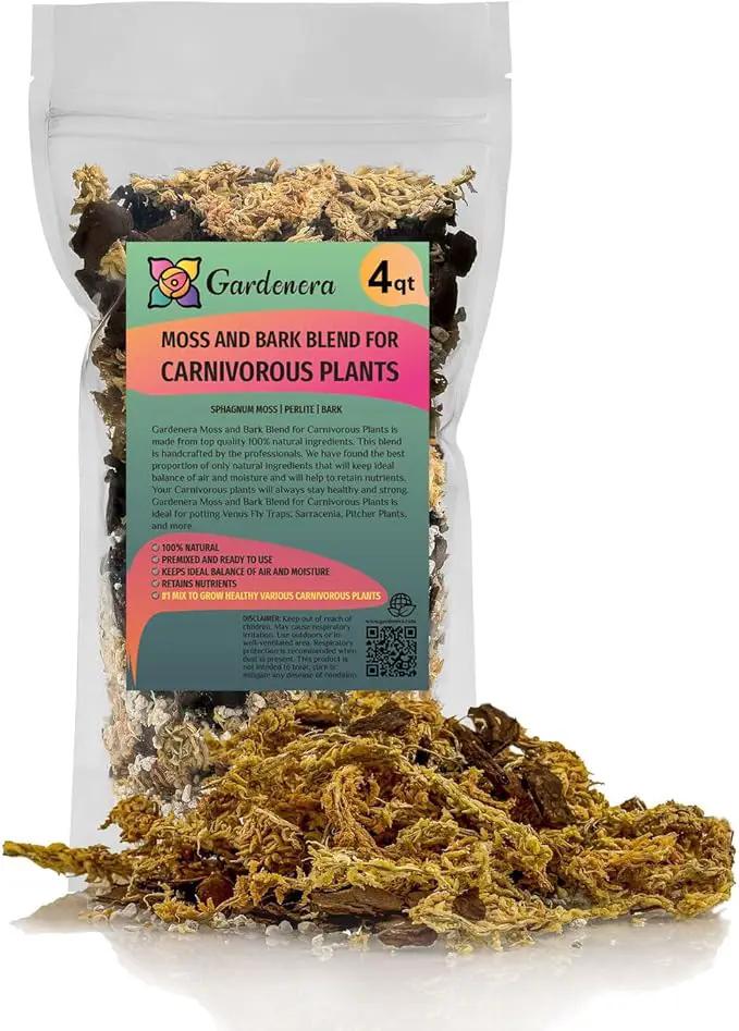 Premium Sphagnum Moss, Perlite and New Zealand Pine Bark Blend for Carnivorous Plants - Perfect for Venus Fly Traps, Pitcher Plants, Sarracenia, Butterworts, and Sundews by GARDENERA - 4 Quart Bag by GreenHaven Gardens
