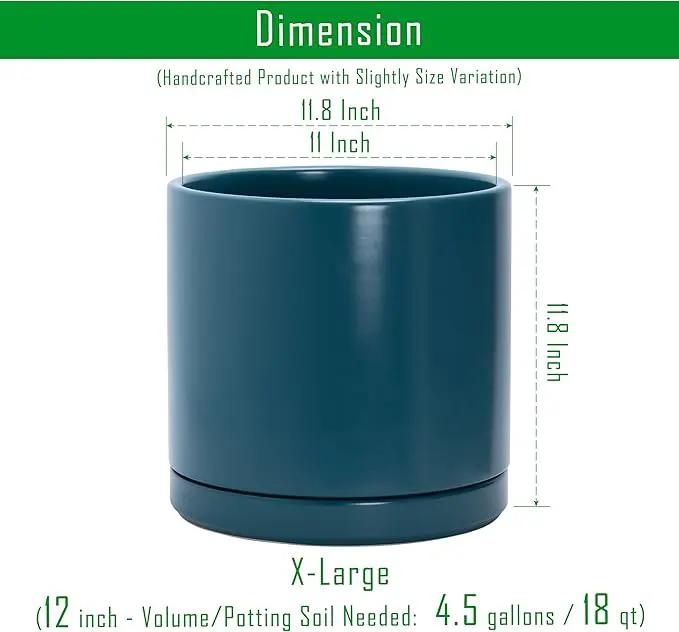 D'vine Dev 12 Inch Ceramic Planter Pot with Drainage Hole and Saucer, Indoor Cylinder Round Planter Pot, Teal, 94-O-F-9 by GreenHaven Gardens