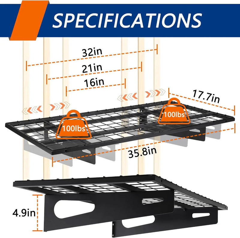2-Pack 1.5x3FT Garage Shelving 17.7-inch-by-35.8-inch Wall Shelf Garage Storage Rack Wall Mounted Floating Shelves, Black by GreenHaven Gardens