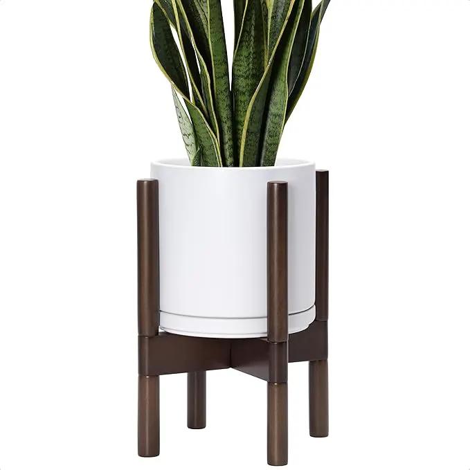 D'vine Dev Ceramic Planter with Walnut Color Stand - 8 Inch Modern Round Flower Pot with Wood Planter Holder, White, 55-B-Y-1 by GreenHaven Gardens