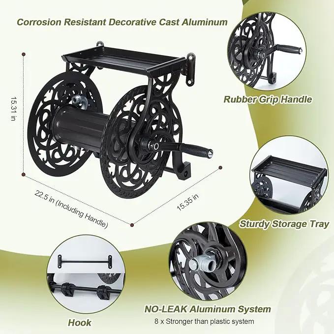 Metal Decorative Garden Hose Reel, Heavy Duty Hose Holder for Outside, Aluminum Frame, No-Leak Aluminum Water System, Easy Assmbly, Wall Mount, Holds 135 ft x 5/8" Hose Storage, Dark Bronze by GreenHaven Gardens
