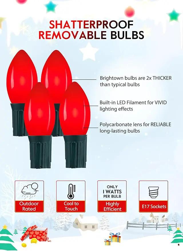 Vintage C9 LED Christmas Lights Outdoor, 50 Feet C9 String Lights with 50 Shatterproof Matte Bulbs, Connectable Waterproof Lights for Holiday Party Roofline Backyard Garden Patio, Red by GreenHaven Gardens