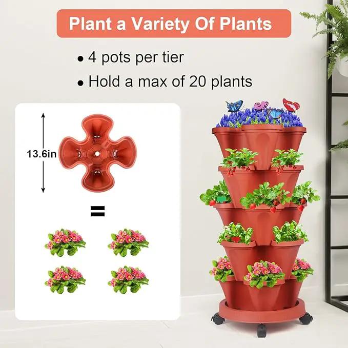 Vertical Planter, 5 Tier Stackable Strawberry Planter with Garden Tool Set, Movable Indoor/Outdoor Garden Herb Pot for Growing Vegetables and Succulents, Red by GreenHaven Gardens