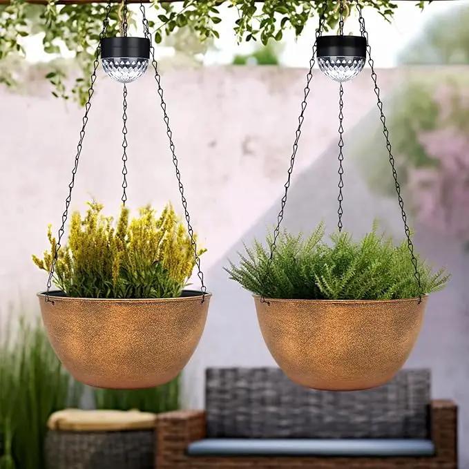 2 Packs Hanging Planters Basket for Outdoor Plants, Solar Powered Self Watering Bronze Round Plastic Flower Pots with Drainer for Balcony Patio Garden Outdoor Decoration by GreenHaven Gardens