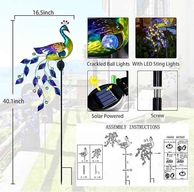 DREAMSOUL Solar Garden Lights Outdoor, Metal Peacock Decor Solar Lights Garden Stakes with Led String Lights, Waterproof Crackle Glass Ball Landscape Path Light for Lawn Patio by GreenHaven Gardens