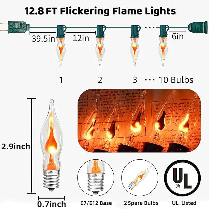 12.8Ft C7 Christmas Lights Flickering Flame String Lights with 12 Pack Clear Flame E12 Light Bulbs(2 Spare), Great for Christmas Decorations Indoor Outdoor Home Patio Party Lights, Green Wire by GreenHaven Gardens
