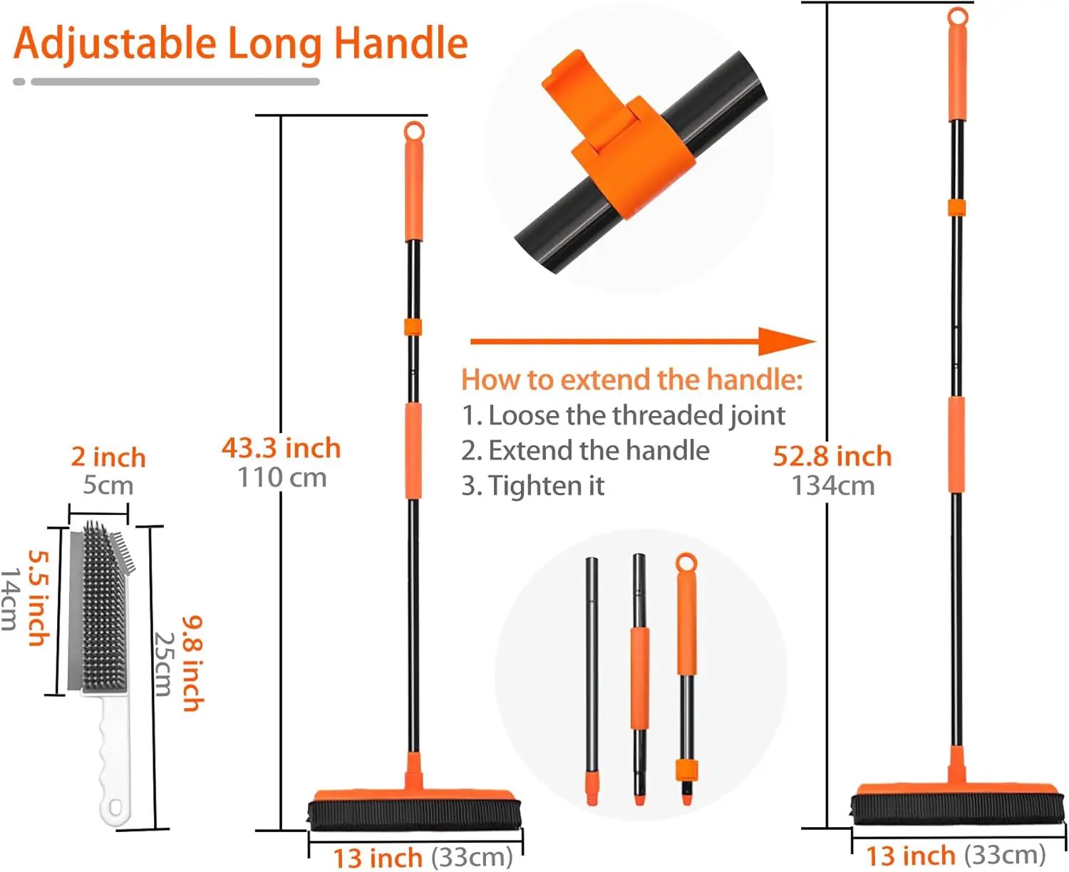 JEHONN Rubber Broom Carpet Rake for Pet Hair Remover, Fur Removal with Squeegee, Portable Detailing Brush Brush, 52.8 Inches Telescopic Long Handle for Fluff Carpet by GreenHaven Gardens