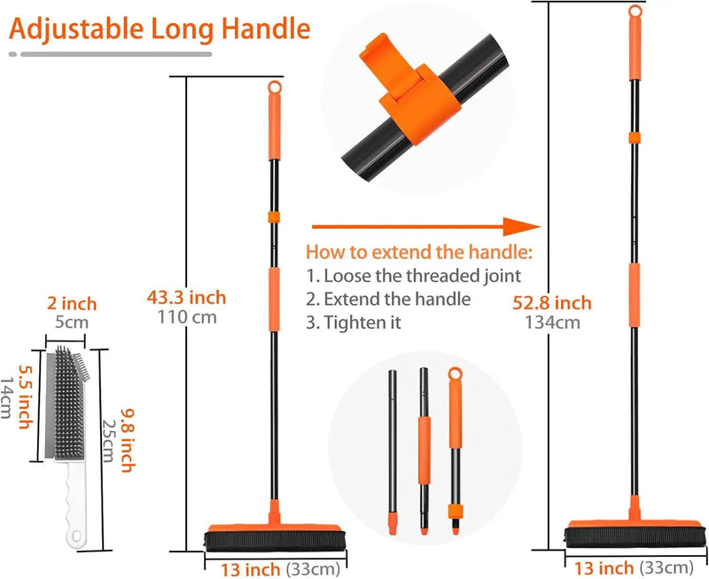 JEHONN Rubber Broom Carpet Rake for Pet Hair Remover, Fur Removal with Squeegee, Portable Detailing Brush Brush, 52.8 Inches Telescopic Long Handle for Fluff Carpet by GreenHaven Gardens