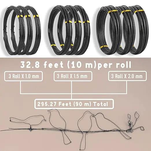Sanlykate Bonsai Training Wire Kit, 9 Roll Tree Training Wires 295.27 Feet Total, 1.0mm, 1.5mm, 2.0mm Anodized Aluminum Wire Set, Hold Plant Branches Trunks - Black by GreenHaven Gardens