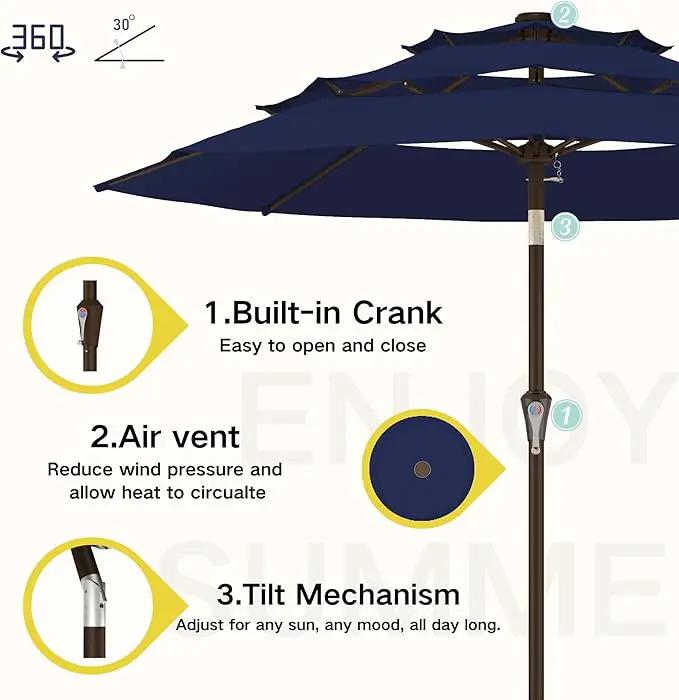 Kingdura 10ft 3-Tier Patio Umbrella, Outdoor Table Umbrella with Easy Crank & Tilt, 8 Reinforced Ribs, UV Protection for Deck, Pool, Market, Backyard (Navy blue) by GreenHaven Gardens