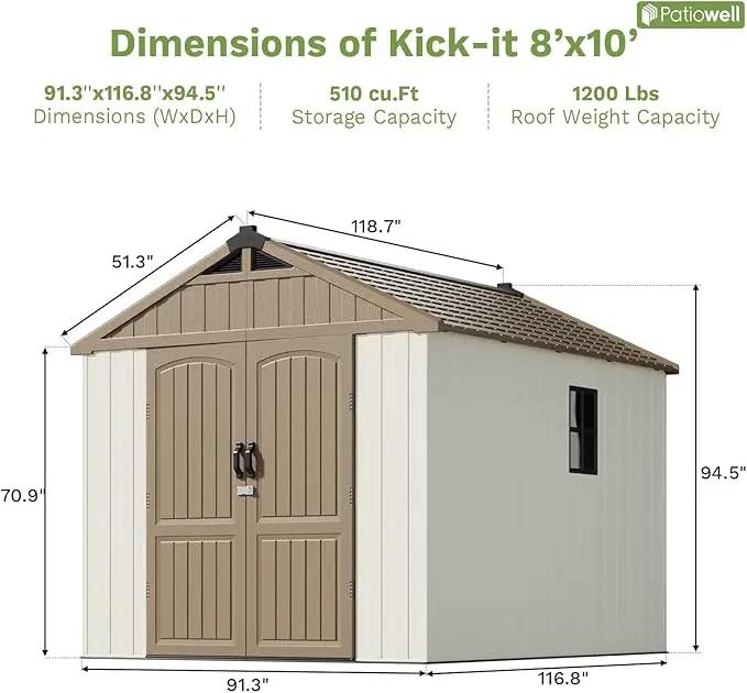 Patiowell 8 x 10 FT Resin Outdoor Storage Shed with Floor, Plastic Shed with Window and Lockable Door for Garden, Backyard, Tool Storage Use, Easy to Install in Brown (Kick-it Shed) by GreenHaven Gardens
