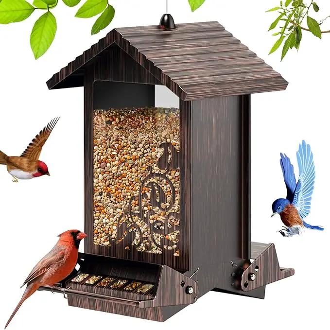 Squirrel Proof Bird Feeder for Outdoor Hanging,Metal Bird Seed Feeder with Bilateral Weight Activated Perches,5LB Large Capacity Wild Bird Feeders for Outside,Easy Refill and Clean,Brown by GreenHaven Gardens
