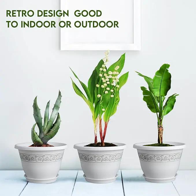 10 Inch Plant Pots with Drainage Hole - Lightweight Flower Pots for Herbs and Flowers - Home Decor Plastic Planters for Indoor Outdoor Plants- Pack of 4 (White, 10 inch) by GreenHaven Gardens