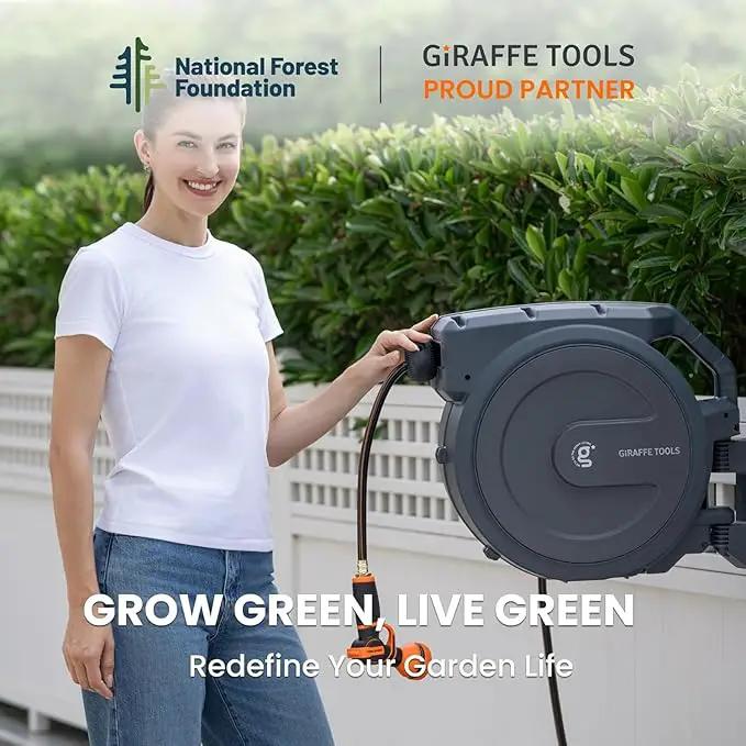 Giraffe Tools Retractable Hose Reel 5/8" x 90 ft Wall Mounted Garden Hose Reel Heavy Duty, Automatic Rewind, 180 Deg Swivel, Any Length Lock, 9 Pattern Nozzle, 90 ft, Dark Grey by GreenHaven Gardens