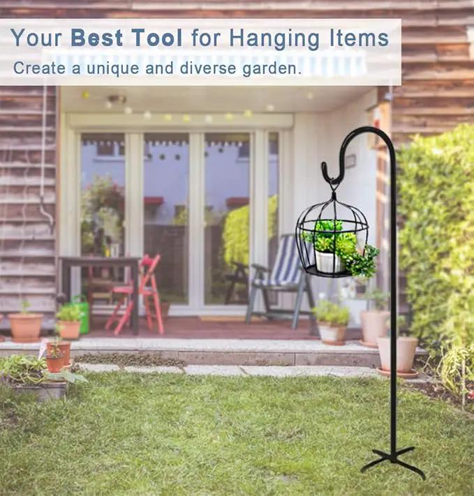 76 inch Outdoor Shepherd Hook with 5 Prong Base (2 Packs), Adjustable Heavy Duty Garden Hanging Stake for Bird Feeder Solar Light Plant Hanger Wedding Decor, Matte Black by GreenHaven Gardens