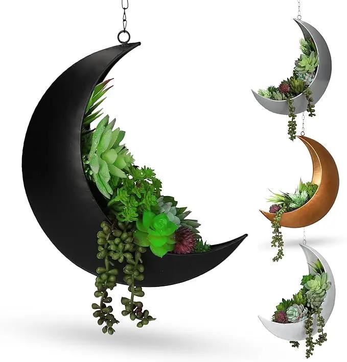 Black Hanging Moon Planter with Drain Holes - Moon Room Decor - Unique Planters for Succulents,Air Plant, Cactus, Artificial Plants- Plant Lover Gifts - Boho,Hippie, Birthdays,Witchy Gifts for Women by GreenHaven Gardens