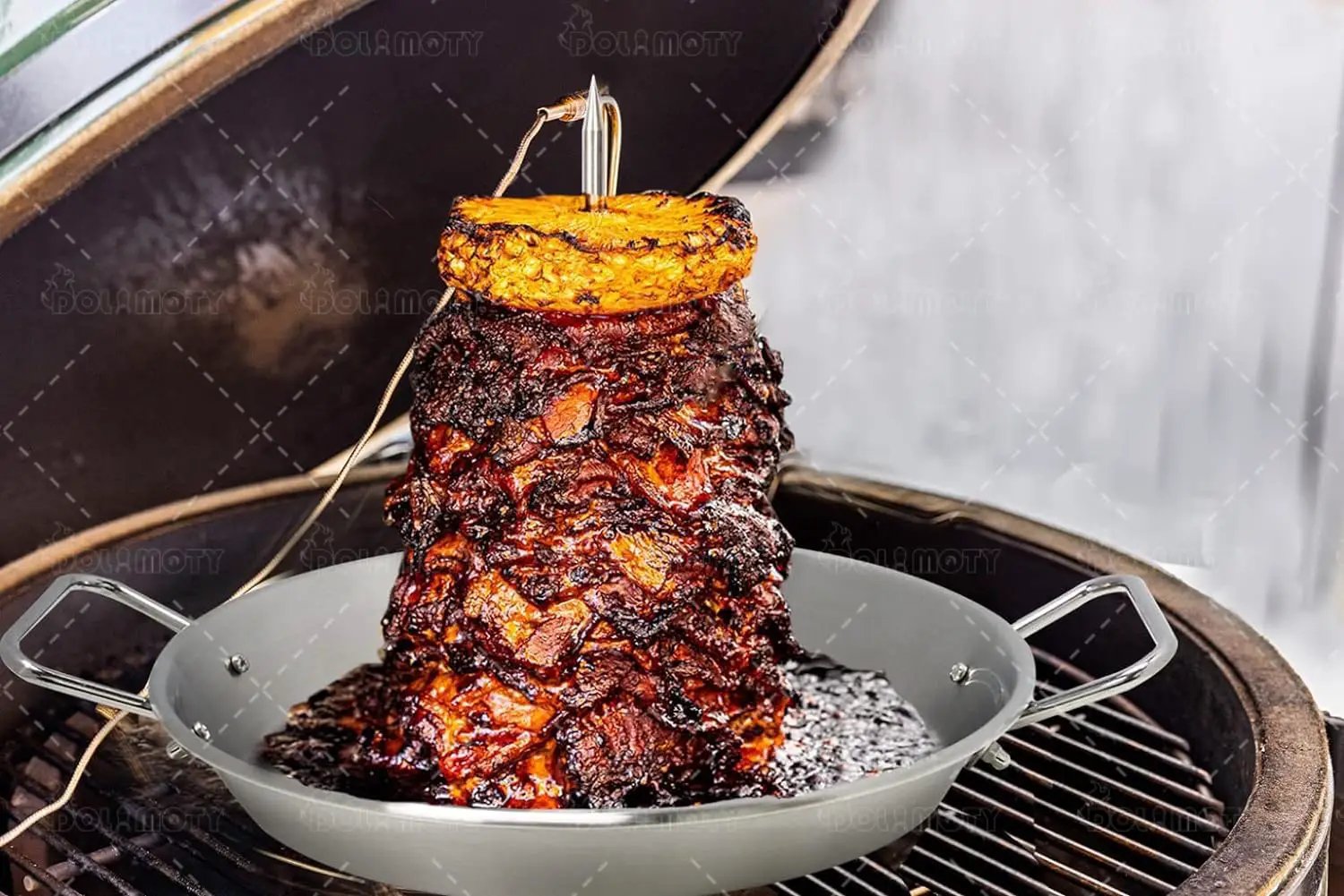 BBQ Vertical Skewer Pan Gyro Spit Shawarma Skewer Stand for oven, Al Pastor Skewer for Grill, El Pastor Hack for Tacos Al Pastor Chicken, Brazilian, Stainless Steel, with 8",10" stick by GreenHaven Gardens